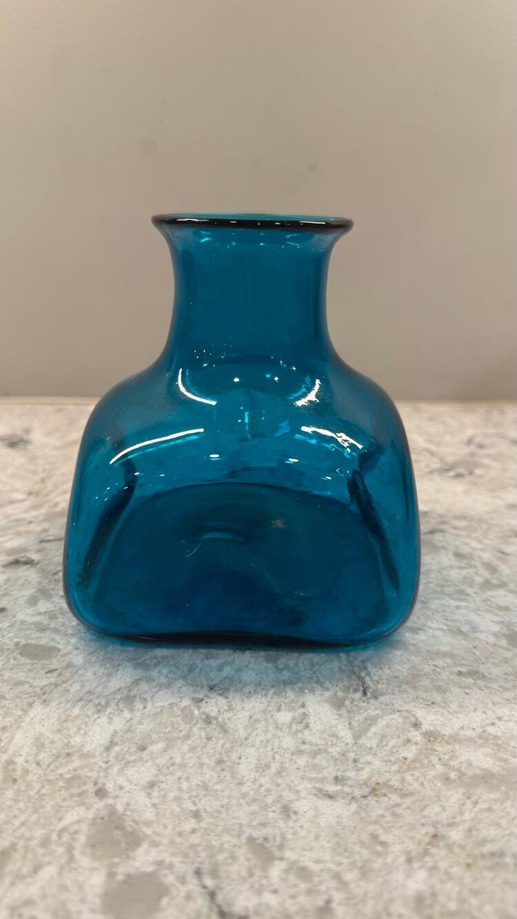 Vintage Unique Hand Crafted Glass Vase Aqua Teal Dimple Pinched 5"